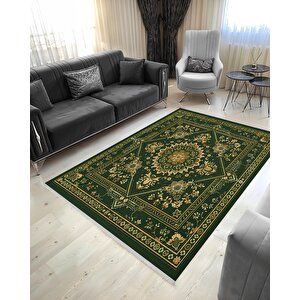Zümrüt Ve Altın Tonlarında Geleneksel Desen – Orta Doğu Esintili Tasarım – Makinede Yıkanabilir, Tüy Tutmaz, Pamuk Dokuma Taban 160x180 cm