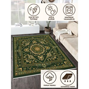 Zümrüt Ve Altın Tonlarında Geleneksel Desen – Orta Doğu Esintili Tasarım – Makinede Yıkanabilir, Tüy Tutmaz, Pamuk Dokuma Taban 160x180 cm