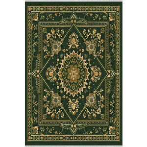 Zümrüt Ve Altın Tonlarında Geleneksel Desen – Orta Doğu Esintili Tasarım – Makinede Yıkanabilir, Tüy Tutmaz, Pamuk Dokuma Taban 160x180 cm