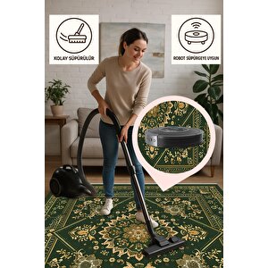 Zümrüt Ve Altın Tonlarında Geleneksel Desen – Orta Doğu Esintili Tasarım – Makinede Yıkanabilir, Tüy Tutmaz, Pamuk Dokuma Taban