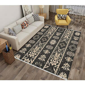 Siyah Ve Krem Renkli Geleneksel Desenli Halı – Şıklığıyla Dikkat Çeker, Makinede Yıkanabilir, Toz Tutmaz