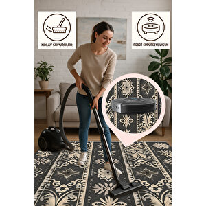 Siyah Ve Krem Renkli Geleneksel Desenli Halı – Şıklığıyla Dikkat Çeker, Makinede Yıkanabilir, Toz Tutmaz