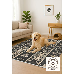 Siyah Ve Krem Renkli Geleneksel Desenli Halı – Şıklığıyla Dikkat Çeker, Makinede Yıkanabilir, Toz Tutmaz