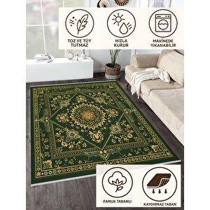 Zümrüt Ve Altın Tonlarında Geleneksel Desen – Orta Doğu Esintili Tasarım – Makinede Yıkanabilir, Tüy Tutmaz, Pamuk Dokuma Taban 120x180 cm