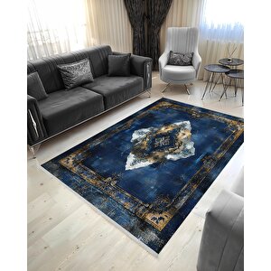 Lacivert Eskitilmiş Medallion Halı – Klasik Ve Derin Tonlar – Makinede Yıkanabilir, Tüy Tutmaz, Pamuk Dokuma Tabanlı 120x180 cm
