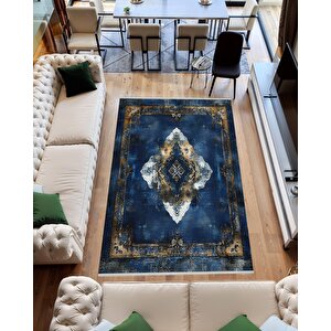 Lacivert Eskitilmiş Medallion Halı – Klasik Ve Derin Tonlar – Makinede Yıkanabilir, Tüy Tutmaz, Pamuk Dokuma Tabanlı 120x180 cm