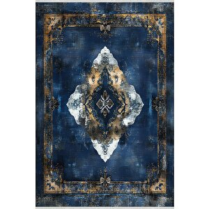 Lacivert Eskitilmiş Medallion Halı – Klasik Ve Derin Tonlar – Makinede Yıkanabilir, Tüy Tutmaz, Pamuk Dokuma Tabanlı 120x180 cm