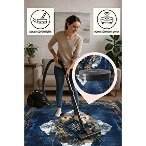 Lacivert Eskitilmiş Medallion Halı – Klasik Ve Derin Tonlar – Makinede Yıkanabilir, Tüy Tutmaz, Pamuk Dokuma Tabanlı
