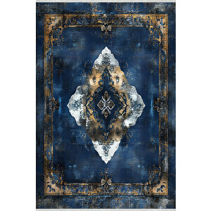 Lacivert Eskitilmiş Medallion Halı – Klasik Ve Derin Tonlar – Makinede Yıkanabilir, Tüy Tutmaz, Pamuk Dokuma Tabanlı 180x270 cm