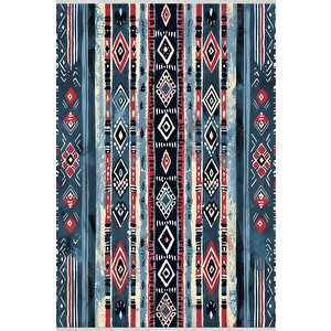 Kırmızı, Lacivert Ve Bej Renkli Etnik Halı – Geleneksel Tribal Desen – Pamuk Dokuma, Yıkanabilir, Evcil Hayvan Dostu 160x230 cm