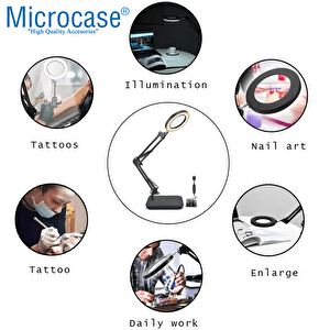 Microcase Masa Üstü Büyüteç Ayarlanabilir Işıklı Tamir Hobi Güzellik Merkezi 160mm 5x Siyah - Al5259