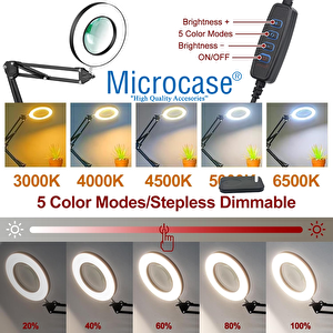 Microcase Masa Üstü Büyüteç Ayarlanabilir Işıklı Tamir Hobi Güzellik Merkezi 160mm 5x Siyah - Al5259