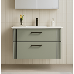 Bari 85 Cm Mat Yeşil Banyo Dolabı Alt Modül Ve Lavabo