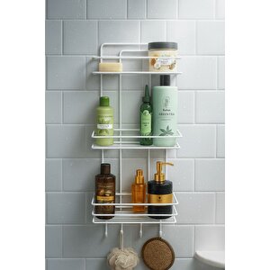 Paslanmaz Beyaz Yapışkanlı Banyo Duş Rafı Şampuanlık 3 Katlı, 4 Kancalı, Dayanıklı, Şık Düzenleyici - Tş-03