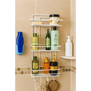 Paslanmaz Beyaz Yapışkanlı Banyo Duş Rafı Şampuanlık 3 Katlı, 4 Kancalı, Dayanıklı, Şık Düzenleyici - Tş-03