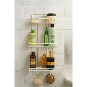Paslanmaz Beyaz Yapışkanlı Banyo Duş Rafı Şampuanlık 3 Katlı, 4 Kancalı, Dayanıklı, Şık Düzenleyici - Tş-03