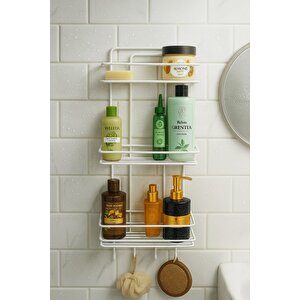 Paslanmaz Beyaz Yapışkanlı Banyo Duş Rafı Şampuanlık 3 Katlı, 4 Kancalı, Dayanıklı, Şık Düzenleyici - Tş-03