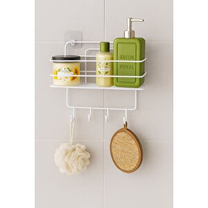 Paslanmaz Beyaz Yapışkanlı Banyo Duş Rafı Şampuanlık, 4 Kancalı, Dayanıklı, Şık Düzenleyici - Tş-01