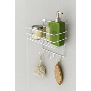 Paslanmaz Beyaz Yapışkanlı Banyo Duş Rafı Şampuanlık, 4 Kancalı, Dayanıklı, Şık Düzenleyici - Tş-01