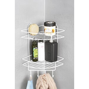 Paslanmaz Beyaz Yapışkanlı Banyo Köşeliği Düzenleyici, Şampuanlık, Duş Rafı 2 Katlı - 4 Kancalı - Ek-02