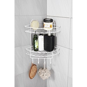 Paslanmaz Beyaz Yapışkanlı Banyo Köşeliği Düzenleyici, Şampuanlık, Duş Rafı 2 Katlı - 4 Kancalı - Ek-02