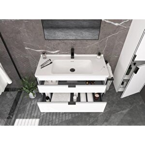 Trio 80 Cm Beyaz Havluluklu Çekmeceli Banyo Dolabı Alt Modül Ve Lavabo