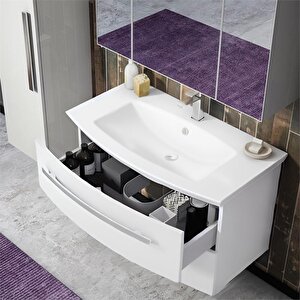 Urla 90 Cm Parlak Beyaz Banyo Dolabı Alt Modül Ve Lavabo