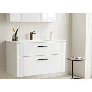 Bari 100 Cm Mat Beyaz Banyo Dolabı Alt Modül Ve Lavabo
