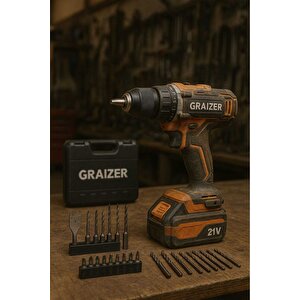 Graizer Alman Max 21 V 3 Ah Darbeli Bakir Sargili Çift Akülü Vidalama Çelik Şanzuman Şarjlı Matkap