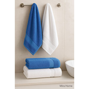 4 Parça Ekonomik Banyo Havlu Takımı %100 Pamuklu Quickdry Mavi