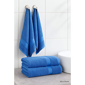 4 Parça Ekonomik Banyo Havlu Takımı %100 Pamuklu Quickdry Mavi