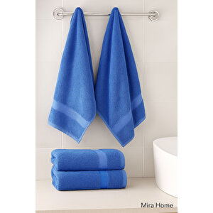 4 Parça Ekonomik Banyo Havlu Takımı %100 Pamuklu Quickdry Mavi