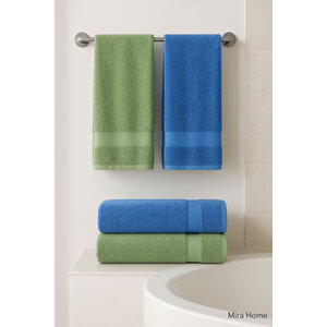 4 Parça Ekonomik Banyo Havlu Takımı %100 Pamuklu Quickdry Mavi