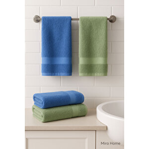 4 Parça Ekonomik Banyo Havlu Takımı %100 Pamuklu Quickdry Mavi