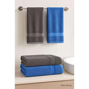 4 Parça Ekonomik Banyo Havlu Takımı %100 Pamuklu Quickdry Mavi