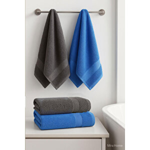 4 Parça Ekonomik Banyo Havlu Takımı %100 Pamuklu Quickdry Mavi