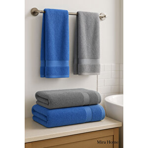 4 Parça Ekonomik Banyo Havlu Takımı %100 Pamuklu Quickdry Mavi