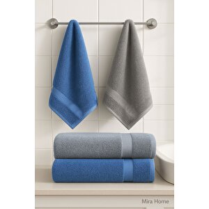4 Parça Ekonomik Banyo Havlu Takımı %100 Pamuklu Quickdry Mavi