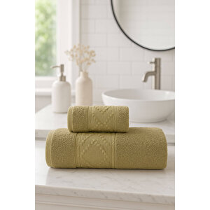 2 Parça Banyo Havlu Takımı %100 Pamuklu Duru Desen Yeşil