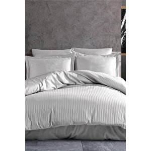 Çift Kişilik Su Yollu Saten Nevresim Takımı Polycotton Açık Gri