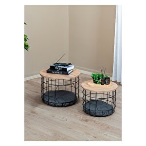 ̇ 2 Li Kedi Yuvalı Sepet Sehpa Metal Gövde Ahşap Tabla Minderli Orta Sehpa