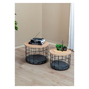 ̇ 2 Li Kedi Yuvalı Sepet Sehpa Metal Gövde Ahşap Tabla Minderli Orta Sehpa