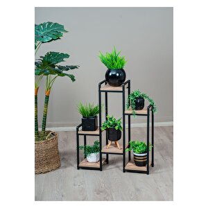̇ Garden 6 Raflı Saksılık Matal Ayaklı Ahşap Raflı Dekoratif Saksı Standı