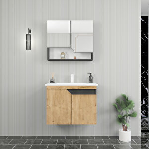 Divino Alvis 80 Cm Lavabolu Banyo Dolabı – Safirmeşe Kapaklı, Antrasit Gövdeli Takım Antrasit-Safirmeşe