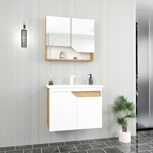 Divino Alvis 80 Cm Lavabolu Banyo Dolabı – Beyaz Kapaklı, Safirmeşe Gövdeli Takım Beyaz-Safirmeşe