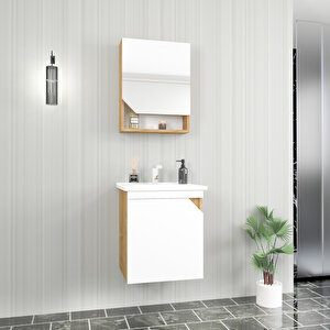 Divino Alvis 55 Cm Lavabolu Banyo Dolabı – Beyaz Kapaklı, Safirmeşe Gövdeli Takım Safirmeşe-Beyaz
