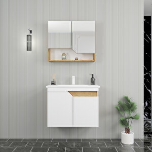 Divino Alvis 65 Cm Lavabolu Banyo Dolabı – Beyaz Kapaklı, Safirmeşe Gövdeli Takım Beyaz-Safirmeşe
