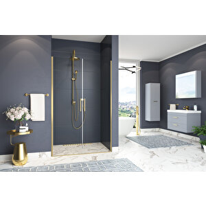 Mono Temperli 6 Mm Boy Menteşeli Ön Cephe Duşakabin Altın Profil Şeffaf Cam 134 cm