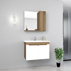 Leny 65cm Lavabolu Banyo Dolabı Takımı Ceviz Gövde Beyaz Kapak - Leny65 Beyaz - Ceviz