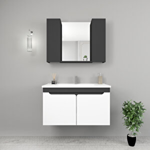 Leny 100cm Lavabolu Banyo Dolabı Takımı Antrasit Gövde Beyaz Kapak - Leny100 Antrasit Beyaz